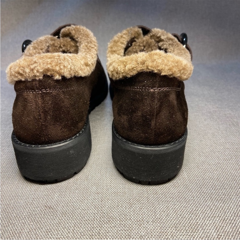 Stuart Weitzman Brown Suede Shearling-Lined Shoe with buckle closure & lug sole - Picture 6 of 12